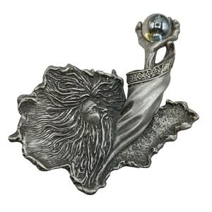 JJ Wizard Brooch Crystal Ball Pewter Jonette Pin Signed Jewelry Vintage